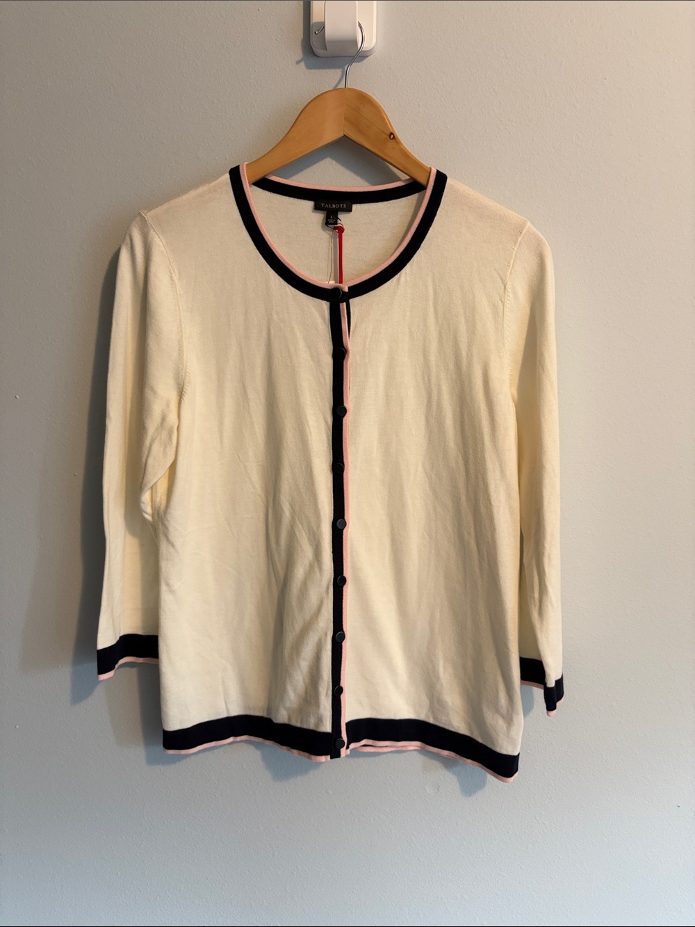 Talbots Cream Button-Front Cardigan with Black and Pink Trim